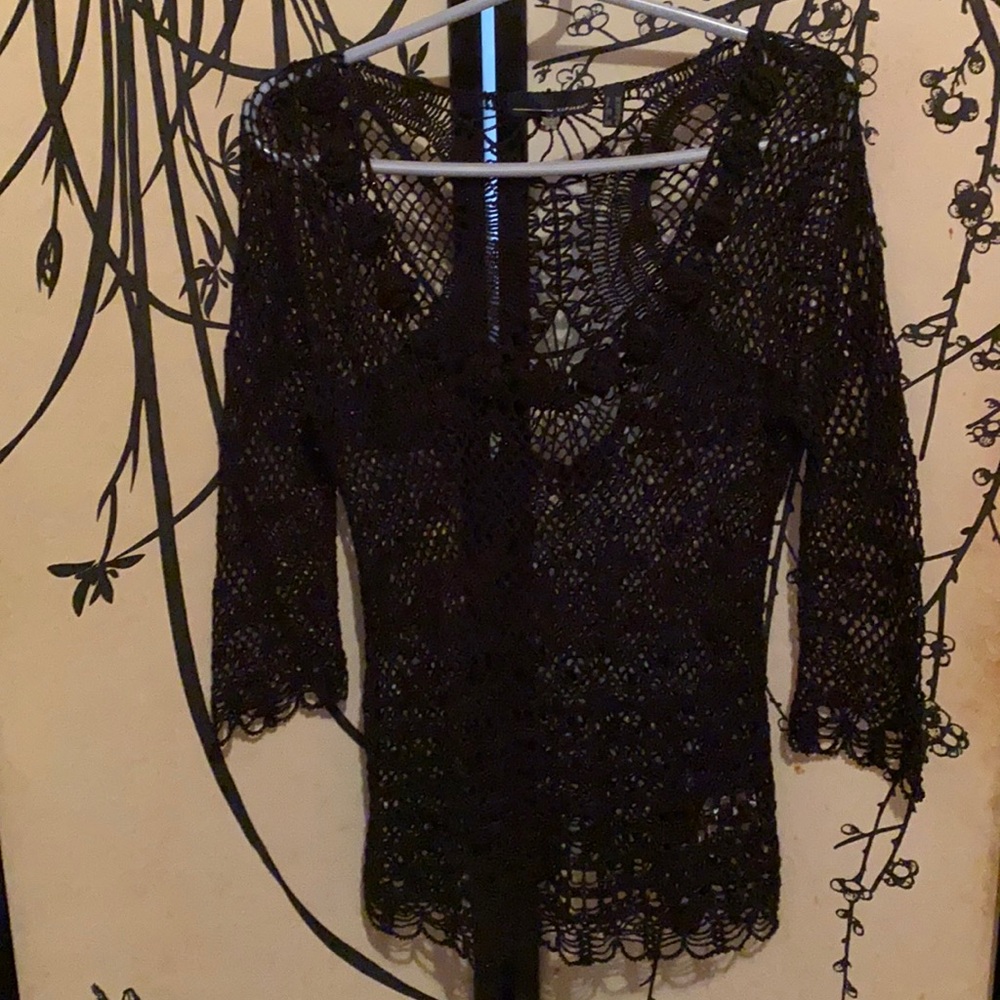 Kapalua Women’s Black Crochet Blouse Tunic Embellished W/Beads Sparkling